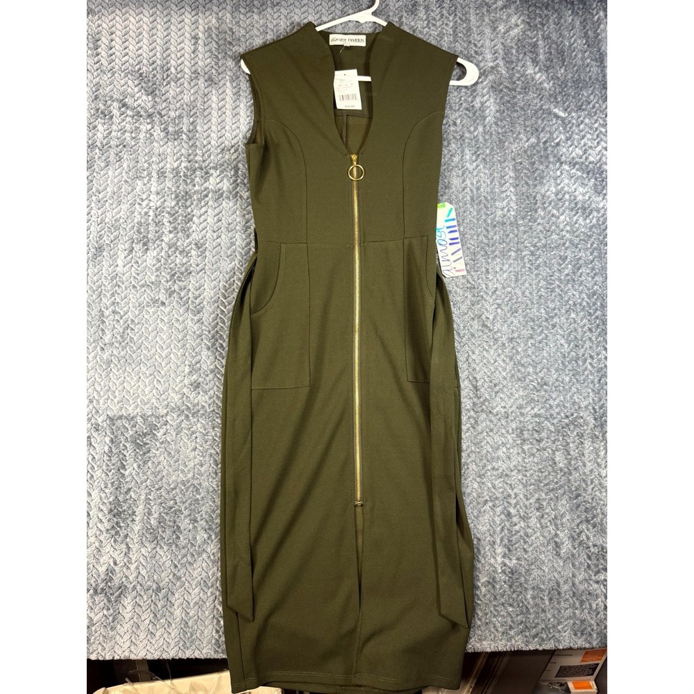 Almost Famous Bodycon Dress Womens Small Olive Green Stretch Belted Zip Front‎